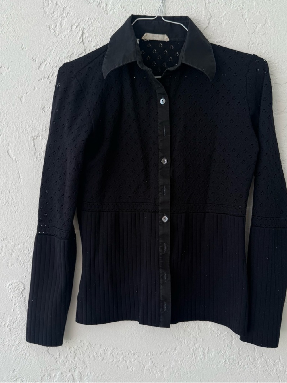Women’s Black Button-Down Knit Shirt with Contrast Collar